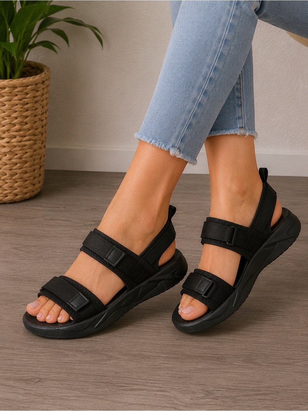 Black Sport Sandals Adjustable Straps Chunky Sole NWOT